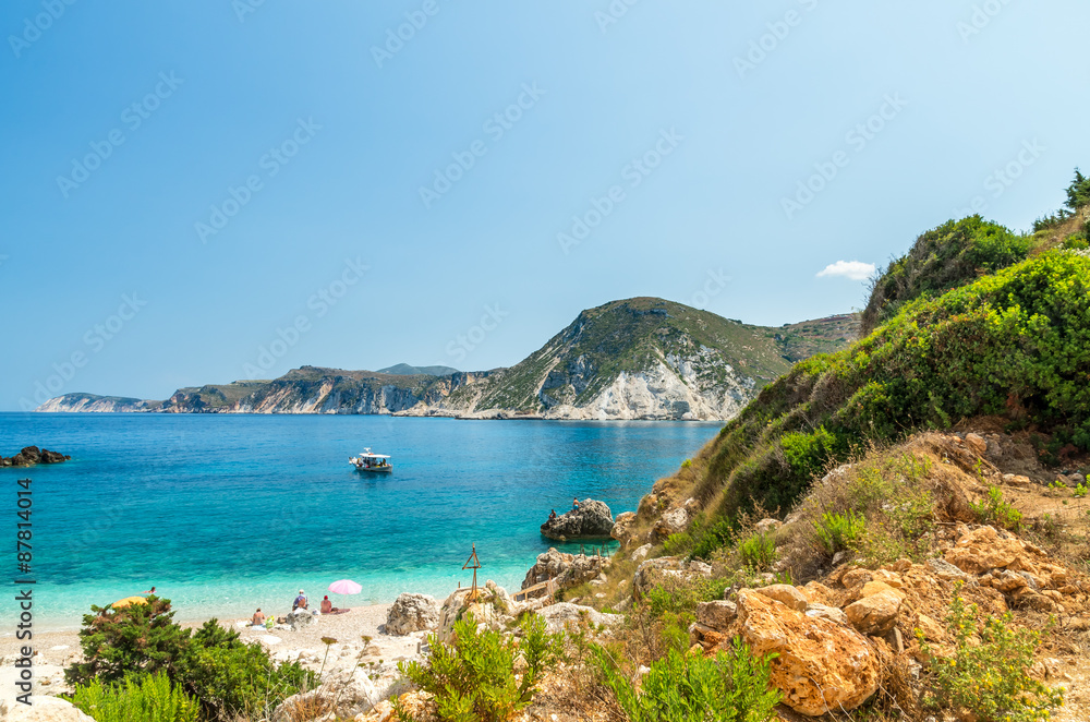 Fototapeta premium Agia Eleni beach Kefalonia, Greece. One of the most beautiful rocky wild beaches of Kefalonia.