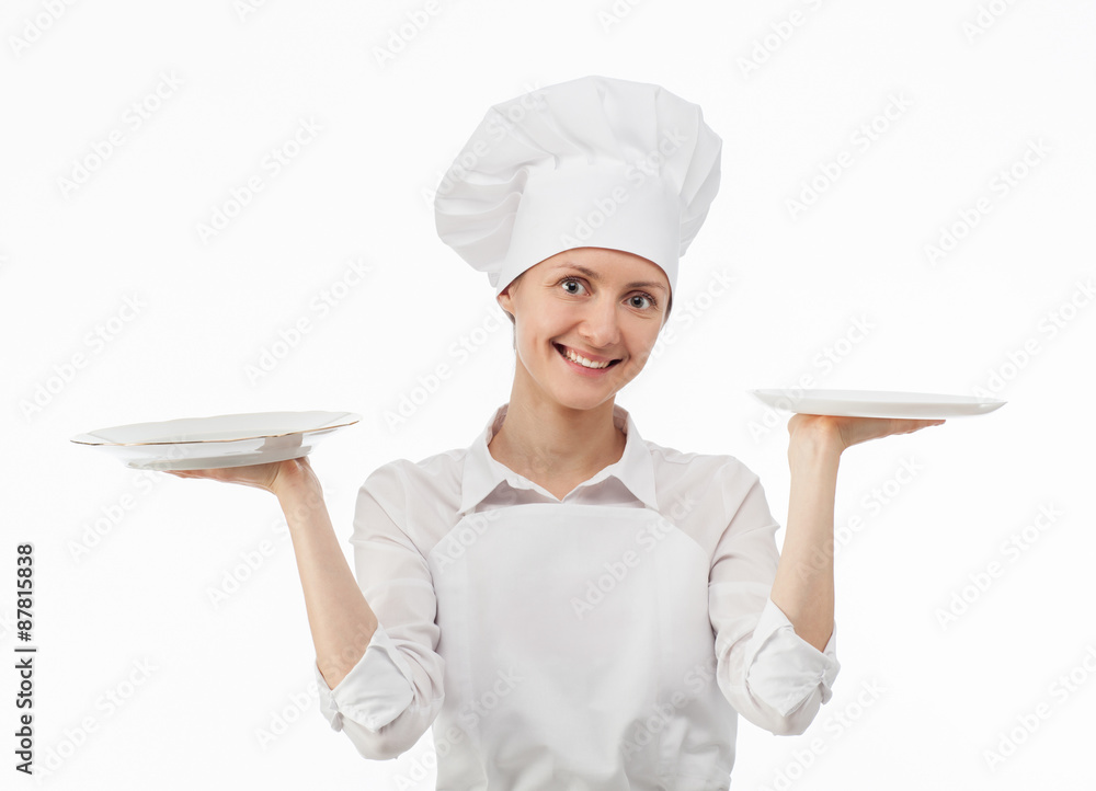 Attractive young woman holding two empty plates Attractive young woman holding two empty plates