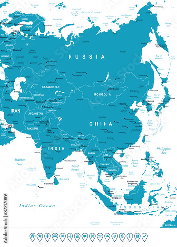ASIA map - highly detailed vector illustration.Image contains land contours, country and land names, city names, water object names, navigation icons.