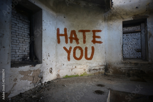 text hate you on the dirty old wall in an abandoned ruined house photo