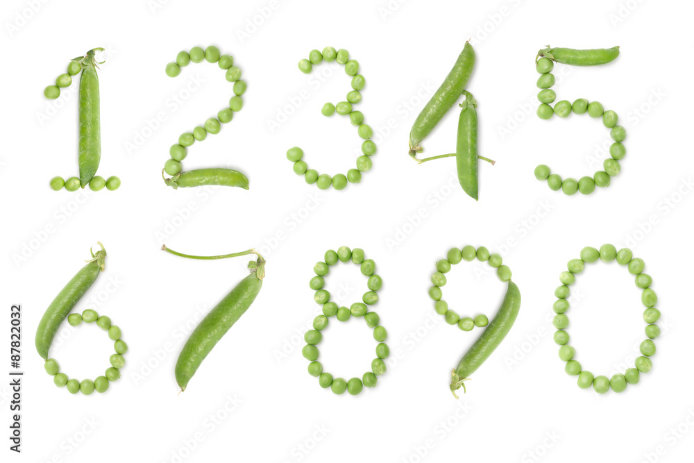 Set of numbers with green peas Set of numbers with green peas
