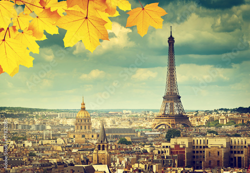 autumn leaves in Paris and Eiffel tower