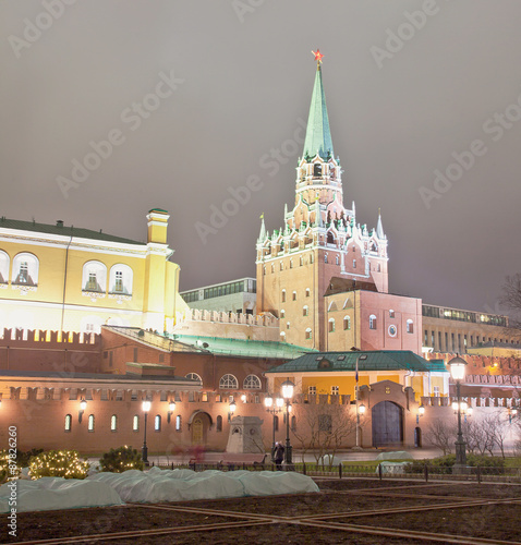 Troitskaya Tower of Moscow Kremlin at night, Russia