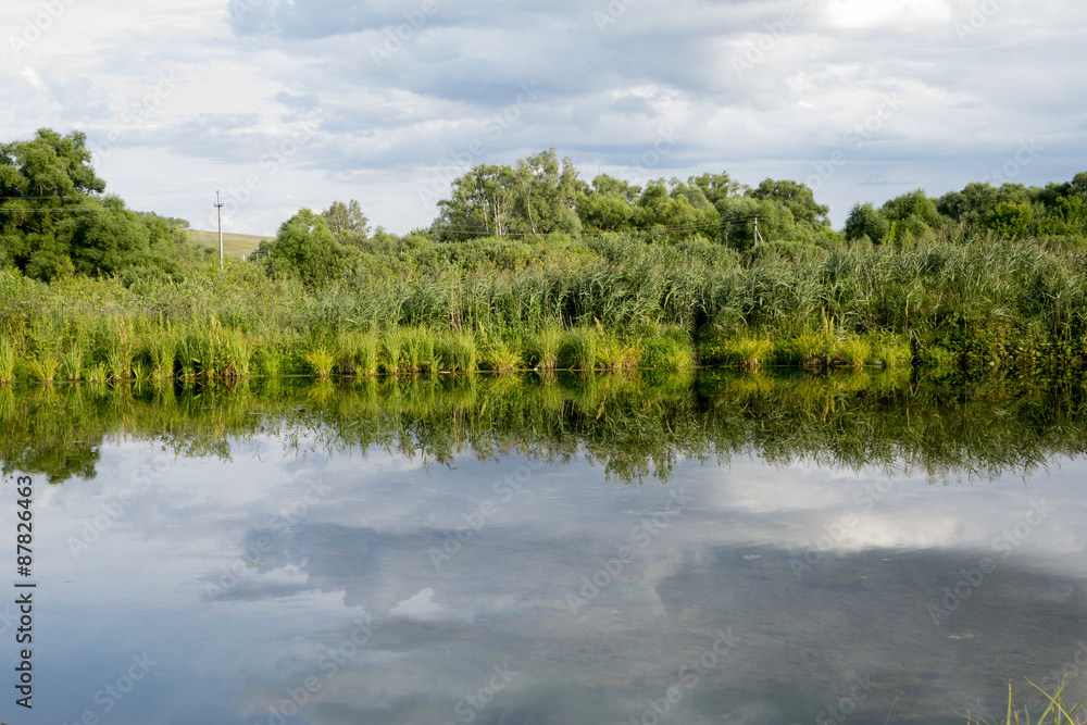 Old park with ponds clean. Ponds bushes green trees and bushes. The water in the ponds of spring transparent. Fotoshoot summer on a cloudy day.
