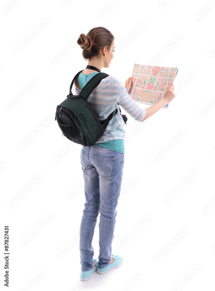 Traveler with map isolated on white Traveler with map isolated on white