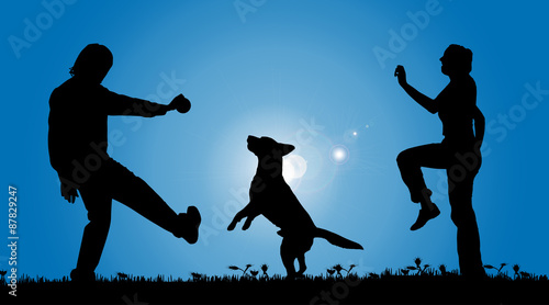 Vector silhouette of a couple with a dog.