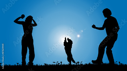 Vector silhouette of a couple with a dog.