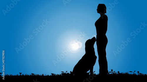 Vector silhouette of a woman with a dog.