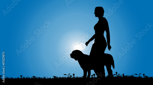 Vector silhouette of a woman with a dog.