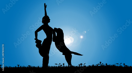 Vector silhouette of a woman with a dog.