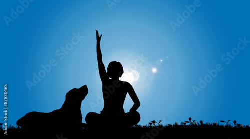 Vector silhouette of a woman with a dog.