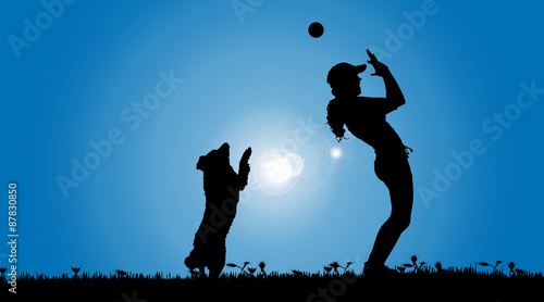Vector silhouette of a woman with a dog.