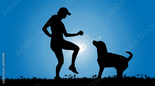 Vector silhouette of a woman with a dog.