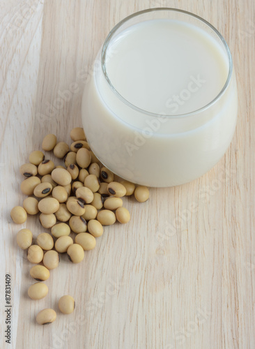 Fresh Soy milk (Soya milk) in a glass and soybean seeds