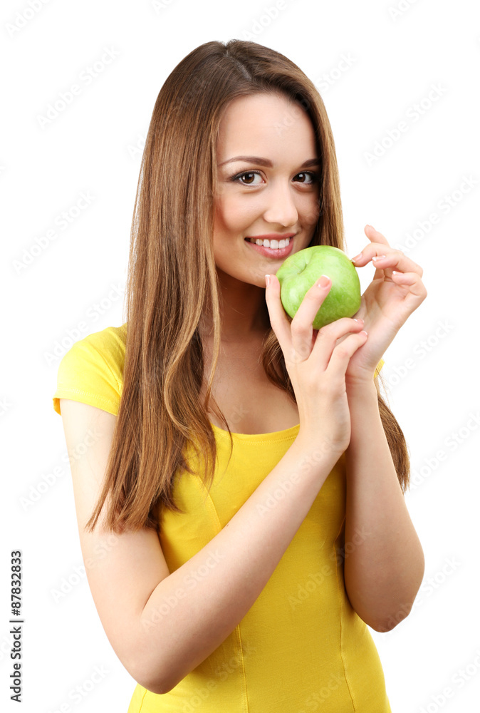 Healthy young woman with green apple isolated on white Healthy young woman with green apple isolated on white
