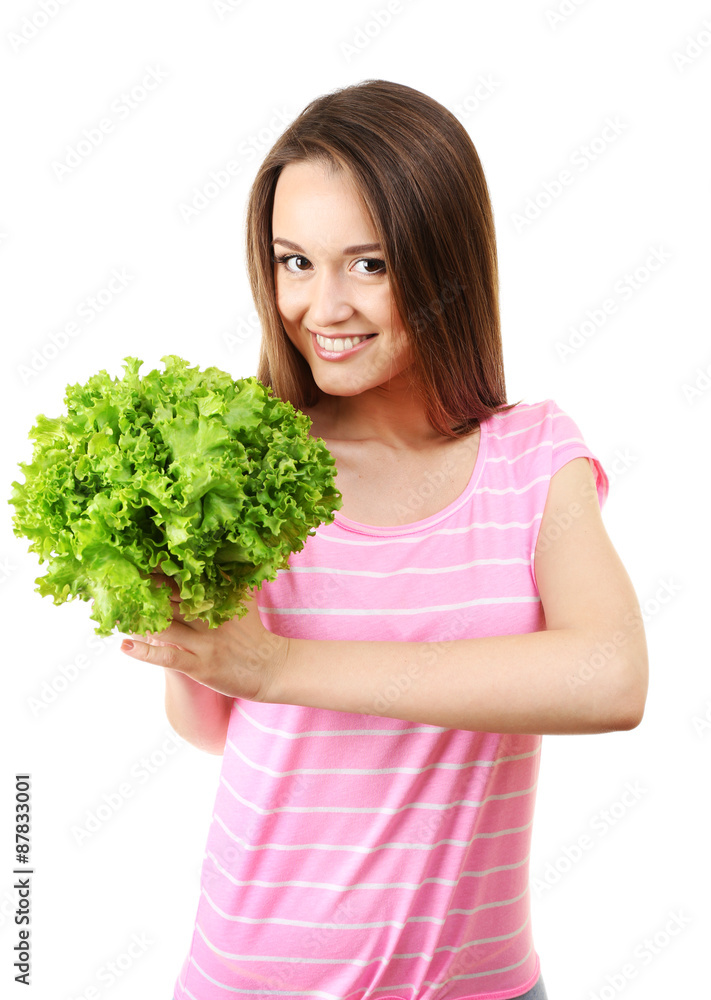 Healthy young woman with bunch of lettuce isolated on white Healthy young woman with bunch of lettuce isolated on white