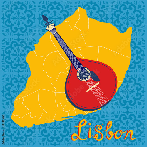 Tipical portuguese fado guitar over Lisbon map and azulejo tiles photo