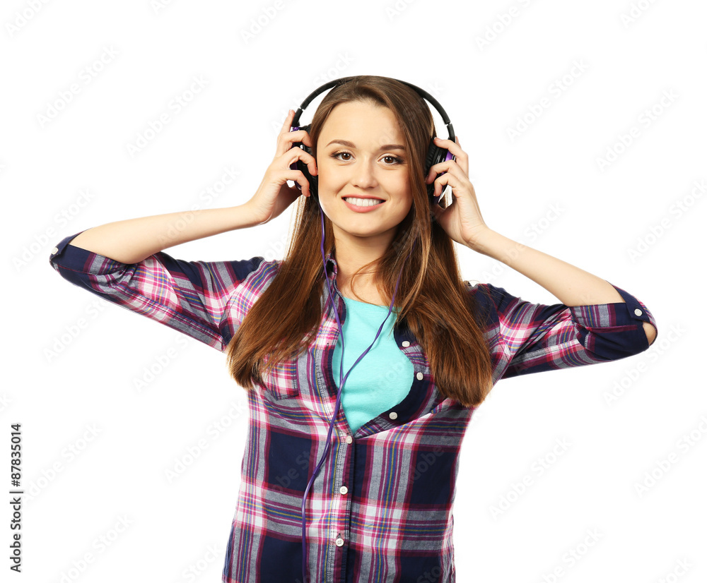 Young woman with headphones isolated on white