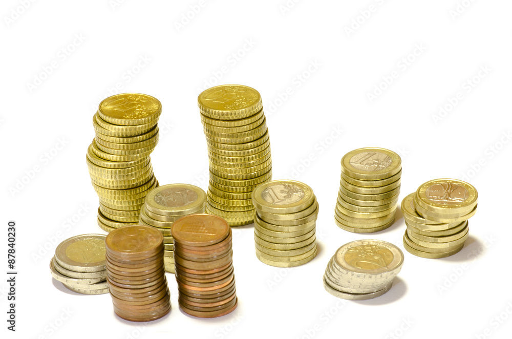 towers of coins of euro isolated towers of coins of euro isolated