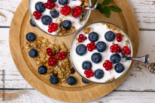 Yogurt, muesli and berries of blueberry and stone bramble