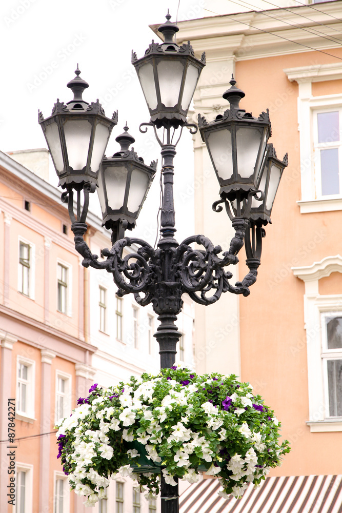Flower arrangement on street lamp on buildings background Flower arrangement on street lamp on buildings background