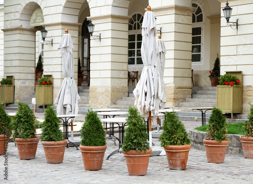 Photography Summer patio of cafe with small trees in pots