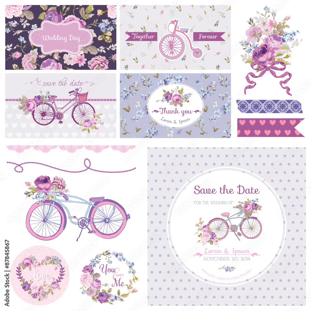 Scrapbook Design Elements - Wedding Party Flowers and Bicycle Theme Scrapbook Design Elements - Wedding Party Flowers and Bicycle Theme
