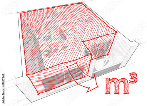Apartment diagram with hand drawn room/cubic meters diagram