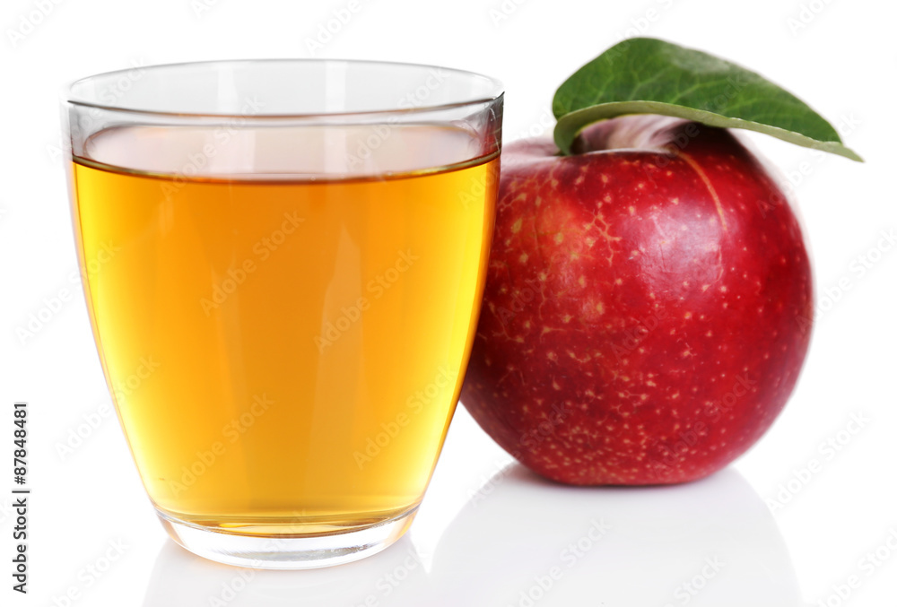 Glass of apple juice with red apple isolated on white