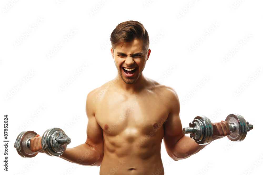 Muscle young man holding dumbbells isolated on white Muscle young man holding dumbbells isolated on white