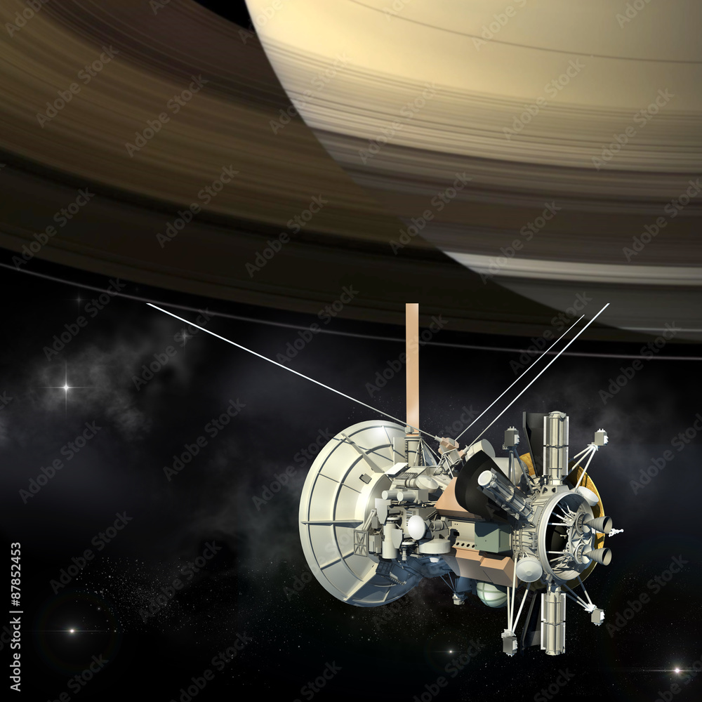 Naklejka premium Unmanned spacecraft similar with the Cassini Huygens orbiter, passing Saturn.