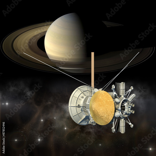 Fototapeta Naklejka Na Ścianę i Meble -  Unmanned spacecraft similar with the Cassini Huygens orbiter, passing Saturn.