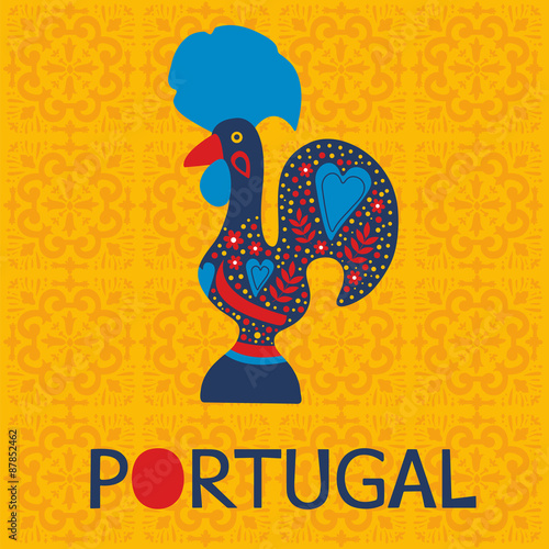 Illustration of decorated Barcelos rooster symbol of Portugal