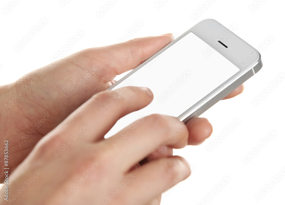 Hands holding mobile smart phone isolated on white Hands holding mobile smart phone isolated on white