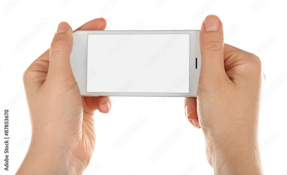 Hands holding mobile smart phone isolated on white Hands holding mobile smart phone isolated on white
