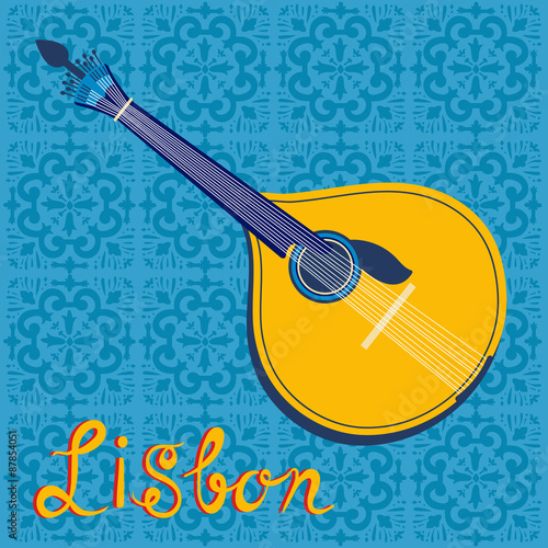 Quadro em tela Tipical portuguese fado guitar over Lisbon map and azulejo tiles