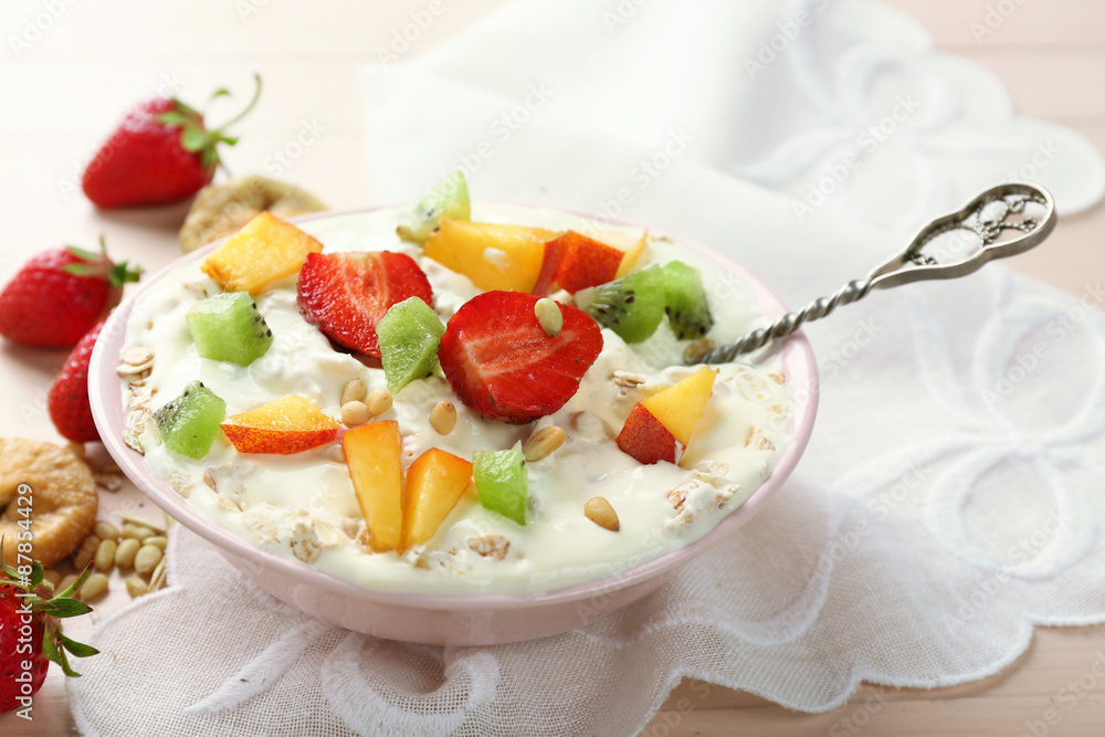 Healthy breakfast with homemade oatmeal, close up Healthy breakfast with homemade oatmeal, close up