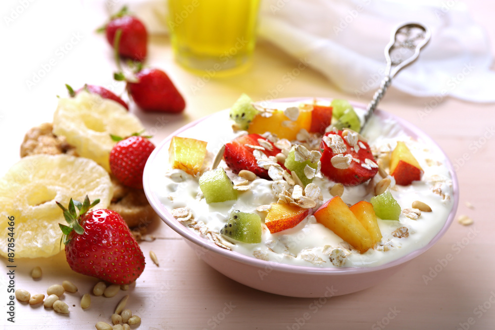 Healthy breakfast with homemade oatmeal, close up Healthy breakfast with homemade oatmeal, close up