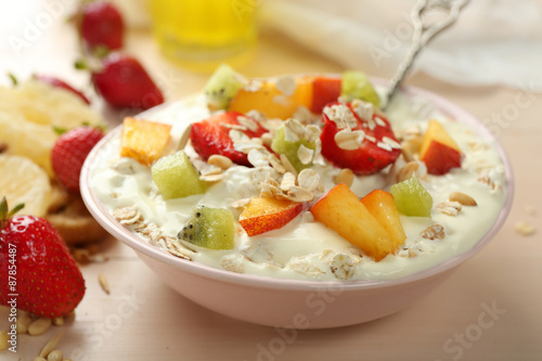 Healthy breakfast with homemade oatmeal, close up