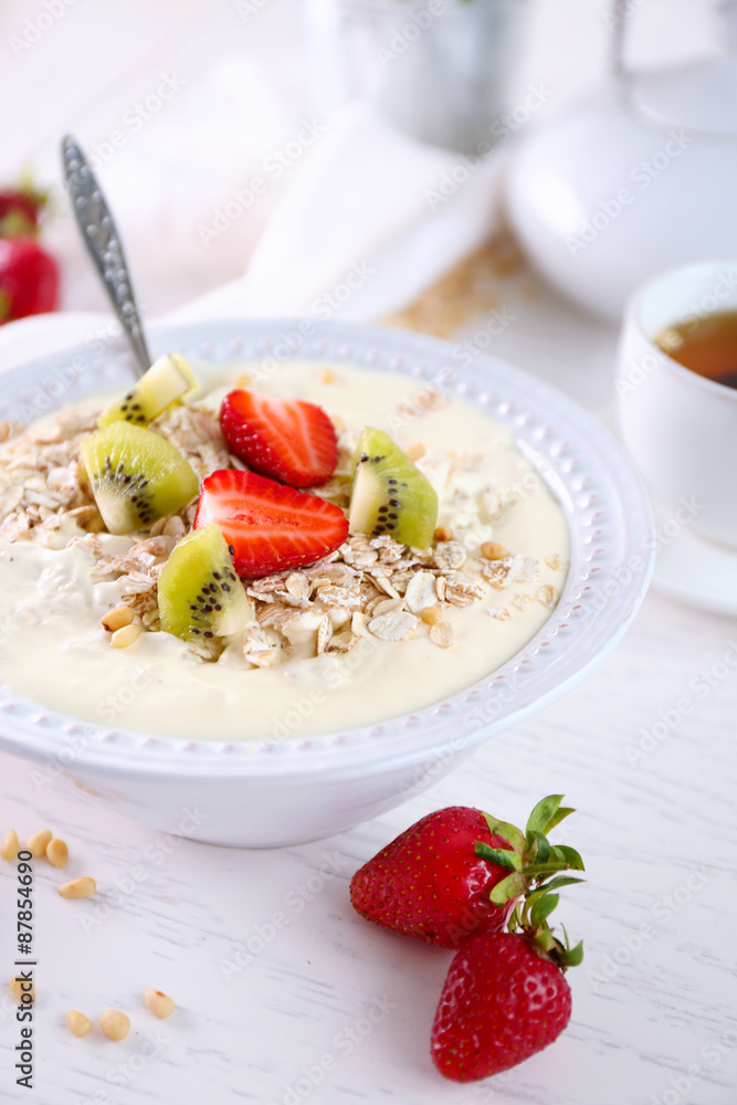 Healthy breakfast with homemade oatmeal, close up Healthy breakfast with homemade oatmeal, close up