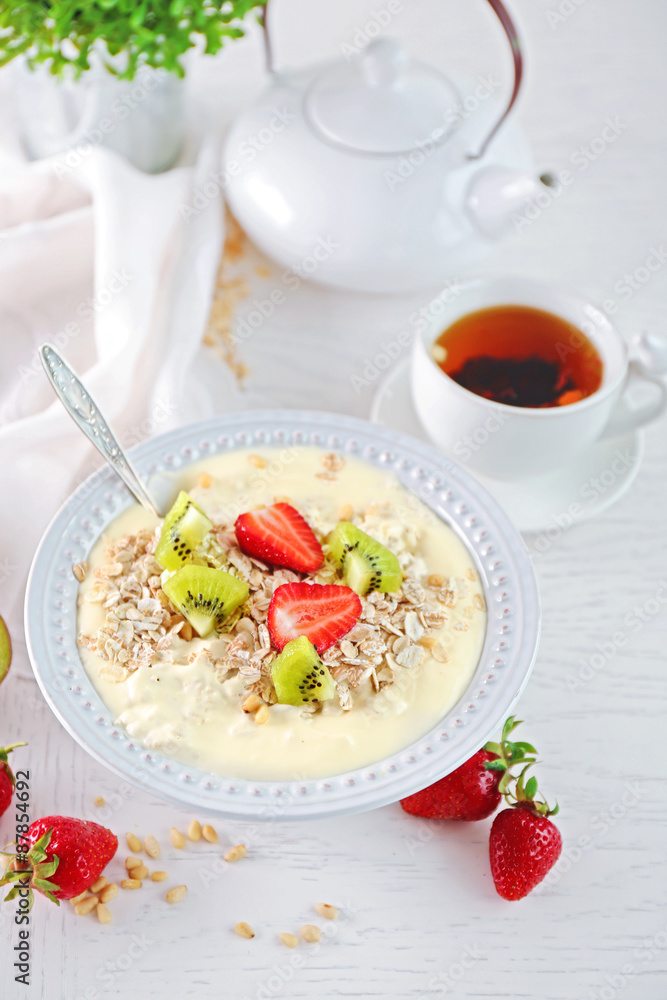Healthy breakfast with homemade oatmeal, close up Healthy breakfast with homemade oatmeal, close up