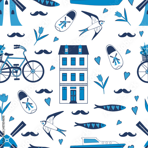 Colorful Amsterdam icons seamless pattern