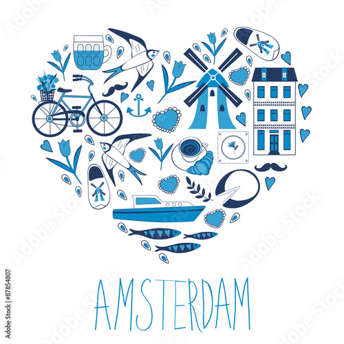 Travel concept card. Illustration of love for Amsterdam 
