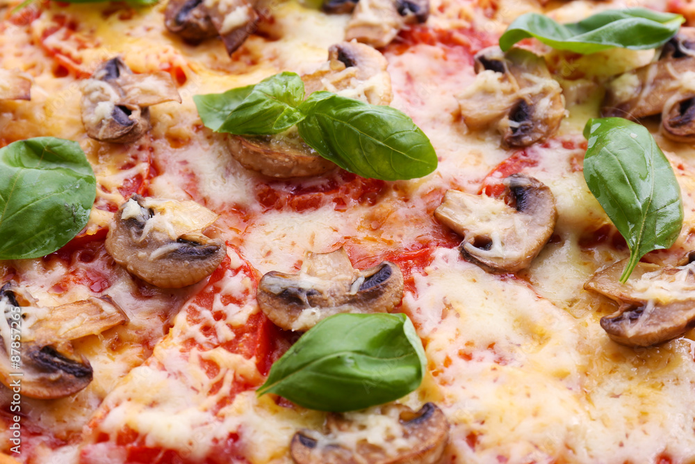 Tasty pizza with vegetables and basil close up Tasty pizza with vegetables and basil close up