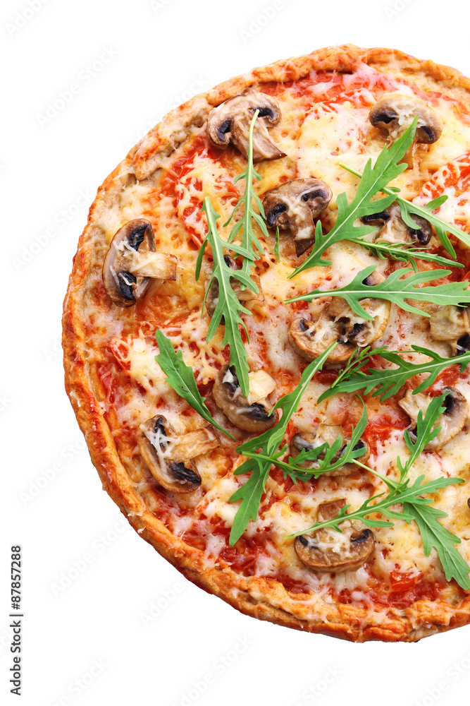 Tasty pizza with vegetables and arugula close up Tasty pizza with vegetables and arugula close up