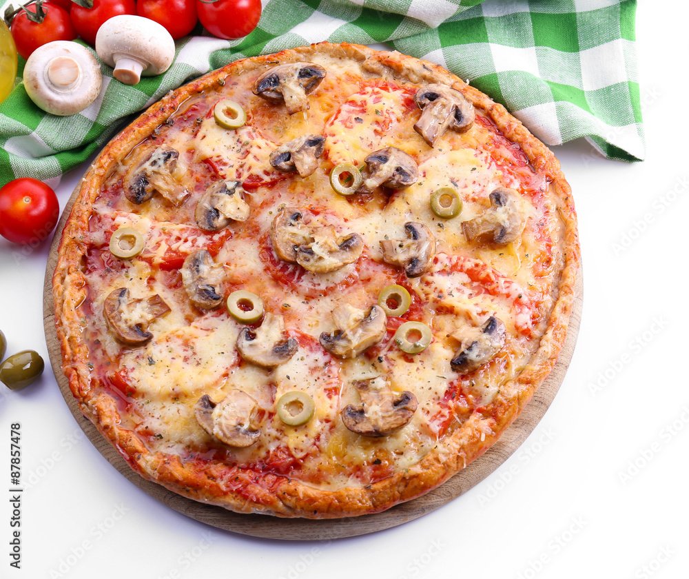 Tasty pizza with vegetables and napkin isolated on white Tasty pizza with vegetables and napkin isolated on white
