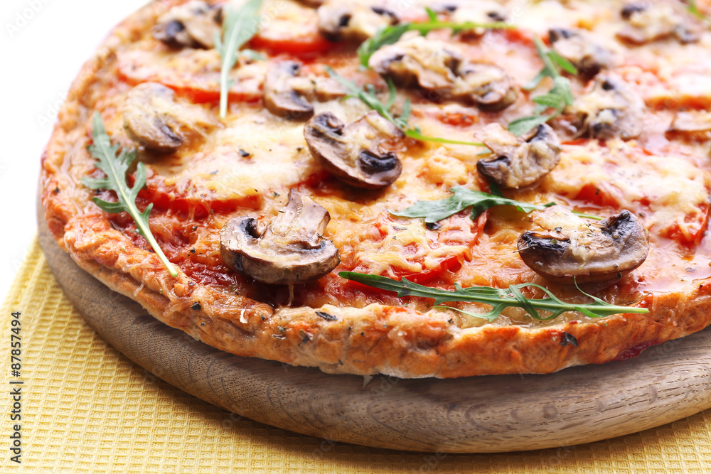 Tasty pizza with vegetables and napkin close up Tasty pizza with vegetables and napkin close up