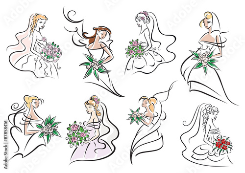 Brides and bridesmaids in wedding dresses