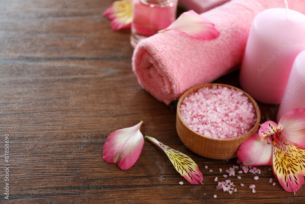 Beautiful composition of spa treatment on wooden table Beautiful composition of spa treatment on wooden table