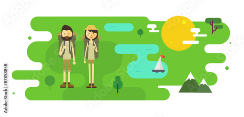 Flat cartoon couple with hiking equipment illustration